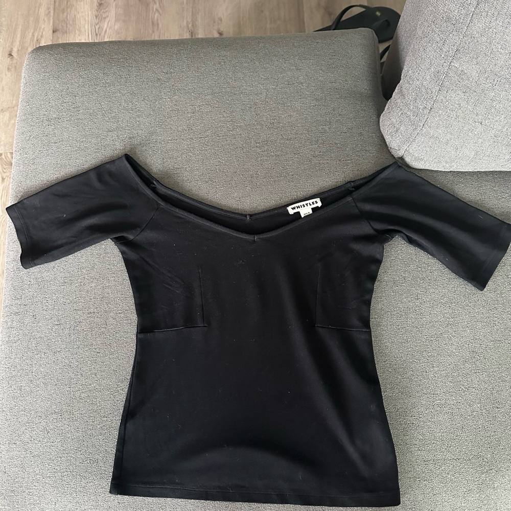 Whistles off shoulder black top with 3/4 length sleeves. Size US 4 / UK 8